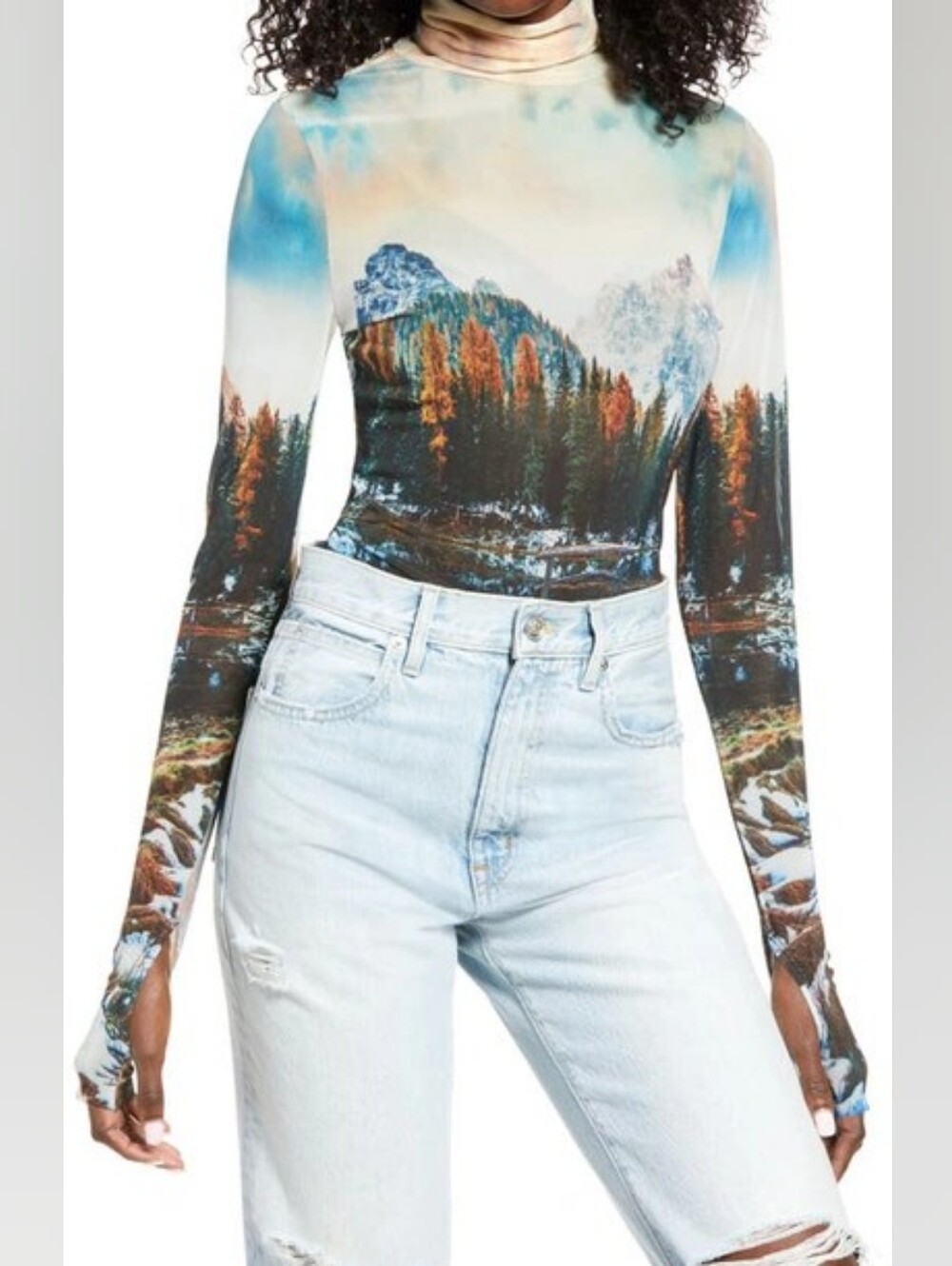 AFRM Zadie Winter Landscape Mesh Turtleneck Top Size M